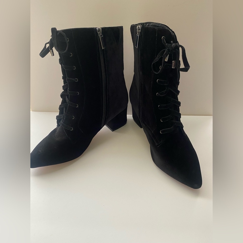 ComfortView Lea black velvet Victorian lace up witchy ankle boot